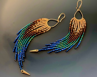 Emerald Green Blue Brown Seed Bead Fringe Chandelier Earrings, Very Extra Long Dangle Peacock Feathers Earrings, Indigenous Earthy Earrings