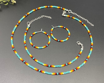 Minimalist Seed Beaded Jewelry Set, Boho Choker Necklace, Hoop Earrings, Bracelet, Native inspired