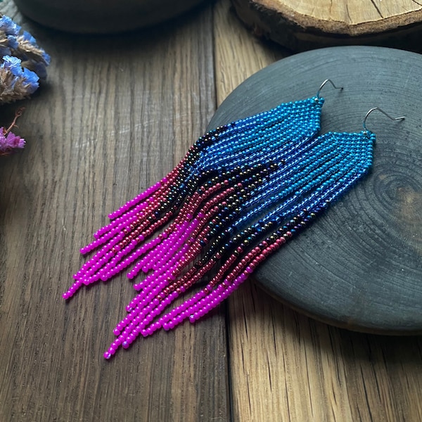 Ombre Blue Pink Seed Bead Fringe Earrings, Very Long Dangle chandelier Earrings, Boho Bohemian earrings, Statement earrings, Bright Earrings