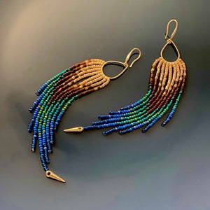 Emerald Green Blue Brown Seed Bead Fringe Chandelier Earrings, Very Extra Long Dangle Peacock Feathers Earrings, Indigenous Earthy Earrings image 1