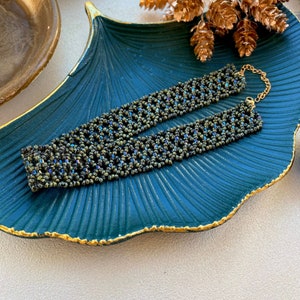 Green Olive Seed Bead Choker Collar, Unique Wide Choker, Choker Necklace with Shiny Miyuki, Statement Thick Choker, Lace Choker, Boho Choker