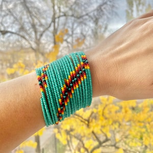 Memory Wire Blue Red Seed Bead Bracelet, Wide Indigenous bracelet Native inspired, Western Bracelet Boho Hippie,Turquoise Wrap Bracelet Cool