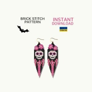 May include: A pair of beaded earrings with a skull design. The earrings are black and pink, with a skull and floral pattern. The text "BRICK STITCH PATTERN" and "INSTANT DOWNLOAD" are also visible.