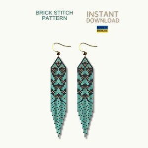 May include: A pair of long, teal blue and black beaded earrings with gold accents. The earrings are made using a brick stitch pattern.  The earrings are hanging from gold hooks.