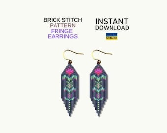 May include: A pair of beaded earrings with a floral design in shades of pink, blue, and green. The earrings are made with a brick stitch pattern and have a fringe design. The earrings are labeled "Brick Stitch Pattern Fringe Earrings" and "Instant Download".