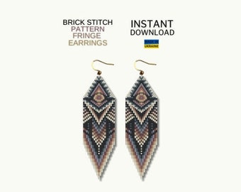 May include: A pair of beaded earrings with a geometric pattern in shades of gray, brown, and white. The earrings are made with a brick stitch pattern and have a fringe detail. The text "BRICK STITCH PATTERN FRINGE EARRINGS" and "INSTANT DOWNLOAD" is visible in the image.