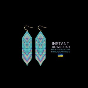May include: A pair of turquoise beaded fringe earrings with a geometric pattern. The earrings are made with a brick stitch pattern and have a gold hook.