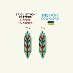 May include: A pair of turquoise beaded fringe earrings with a brick stitch pattern. The earrings are made in Ukraine and are available for instant download.