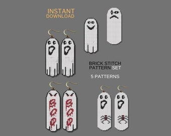 Halloween Brick Stitch-patroon SET 5, Bloody Boo Ghost Seed Bead Oorbellen-patroon, digitale download, herfst Brickstitch Fringe-kralenpatroon