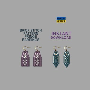 May include: Two pairs of beaded fringe earrings. One pair is purple and white, the other is teal and white. The earrings have a geometric pattern and gold-colored ear wires. Text on the image reads "BRICK STITCH PATTERN FRINGE EARRINGS" and "INSTANT DOWNLOAD".