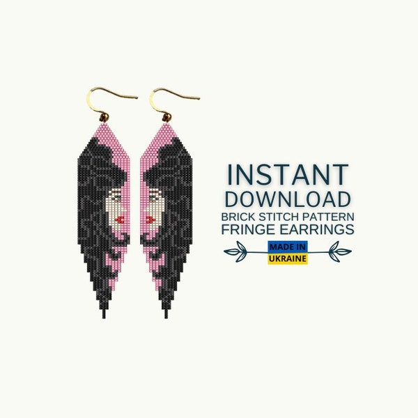 Brick Stitch Pattern, Black haired Girl Seed Bead Earrings Pattern, Woman Face Beading pattern, Brickstitch Fringe Pattern, Digital Download