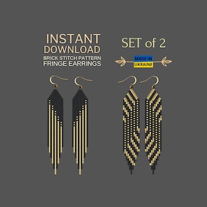 Könnte beinhalten: Ein Paar schwarze und goldfarbene Fransenohrringe mit einem Ziegelstichmuster. Die Ohrringe haben goldfarbene Haken und sind auf grauem Hintergrund dargestellt. Der Text lautet "INSTANT DOWNLOAD BRICK STITCH PATTERN FRINGE EARRINGS" und "MADE IN UKRAINE".