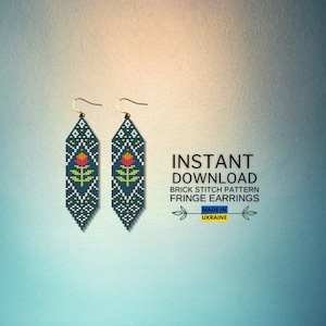 May include: A pair of teal blue beaded earrings with a floral design. The earrings are made with brick stitch and have fringe. The earrings are labelled "Instant Download Brick Stitch Pattern Fringe Earrings Made in Ukraine".