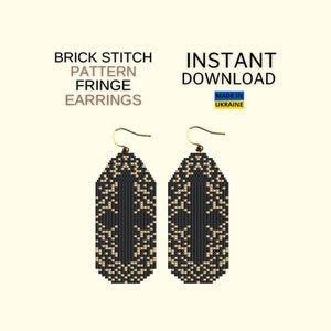 May include: Two black and tan brick stitch fringe earrings with gold-colored hooks. The earrings have a geometric pattern and are labeled "BRICK STITCH PATTERN FRINGE EARRINGS" and "INSTANT DOWNLOAD". The earrings are made in Ukraine.
