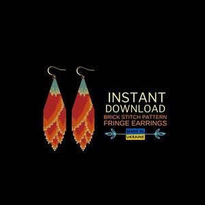 May include: A pair of beaded fringe earrings with a brick stitch pattern. The earrings are red, orange, and yellow with a blue and white accent. The earrings are made in Ukraine. INSTANT DOWNLOAD BRICK STITCH PATTERN FRINGE EARRINGS MADE IN UKRAINE