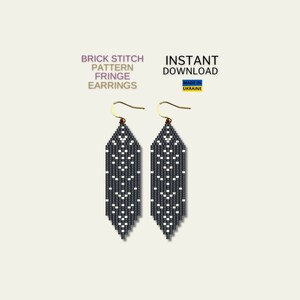 May include: A pair of long, black and white beaded fringe earrings with a geometric pattern. The earrings are made with a brick stitch pattern and have gold hooks. The text "BRICK STITCH PATTERN FRINGE EARRINGS" and "INSTANT DOWNLOAD MADE IN UKRAINE" is visible in the image.