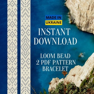 May include: Two white and gray loom bead bracelet patterns with a blue background. The text "MADE IN UKRAINE INSTANT DOWNLOAD LOOM BEAD 2 PDF PATTERN BRACELET" is on the image.