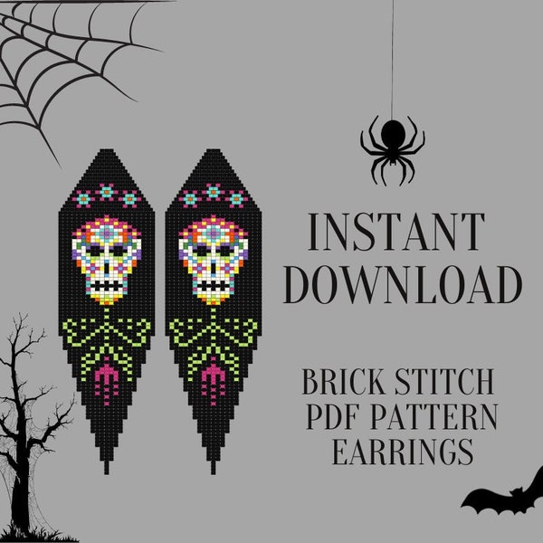 Brick Stitch Pattern Halloween, Seed Bead Sugar Skull Earrings Pattern, Do it Yourself, DIY Digital Download, Brickstitch Skeleton Fringe