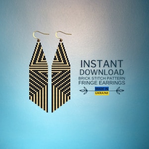 May include: A pair of black and gold beaded fringe earrings. The earrings are made with a brick stitch pattern. The text "INSTANT DOWNLOAD BRICK STITCH PATTERN FRINGE EARRINGS MADE IN UKRAINE" is displayed below the earrings.