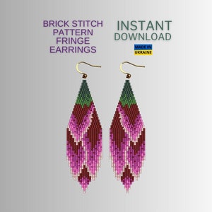 May include: A pair of pink, red and green beaded fringe earrings with gold hooks. The earrings are made using a brick stitch pattern. The text "BRICK STITCH PATTERN FRINGE EARRINGS" and "INSTANT DOWNLOAD MADE IN UKRAINE" is visible in the image.