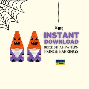 May include: A digital pattern for brick stitch fringe earrings featuring a pair of gnomes wearing pumpkin hats. The pattern is available for instant download. The text "INSTANT DOWNLOAD" and "BRICK STITCH PATTERN FRINGE EARRINGS" is displayed in purple text. A small blue and yellow flag with the text "MADE IN UKRAINE" is displayed in the bottom right corner.