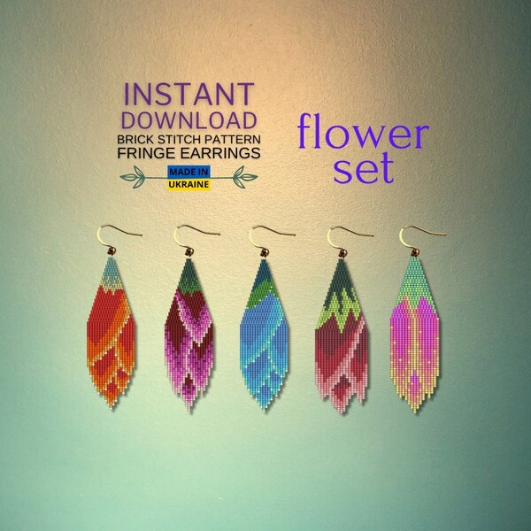 Flower Brick Stitch Pattern SET, Seed bead Earrings Pattern, Fringe brickstitch, Do it yourself, Download, Beading pattern, Jewelry making