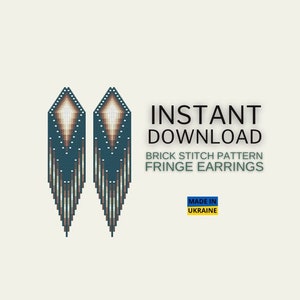 May include: A digital pattern for brick stitch fringe earrings. The earrings are teal blue with a white and brown geometric design. INSTANT DOWNLOAD. BRICK STITCH PATTERN FRINGE EARRINGS. MADE IN UKRAINE.