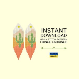 May include: A digital download pattern for brick stitch fringe earrings featuring a cactus and desert landscape design. The pattern is made in Ukraine.