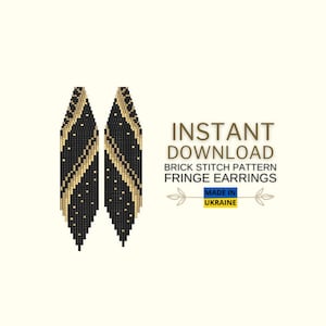 Wzór ściegu ceglanego, wzór kolczyków z czarnych złotych koralików nasiennych, wzór frędzli boho ściegu ceglanego, unikalny wzór koralikowy, zrób to sam, pobierz