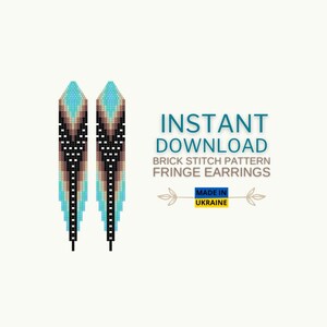 May include: A pair of long, beaded fringe earrings with a geometric pattern in shades of blue, brown, and black. The earrings are made with brick stitch and have a fringe at the bottom. The text "INSTANT DOWNLOAD BRICK STITCH PATTERN FRINGE EARRINGS MADE IN UKRAINE" is displayed below the earrings.