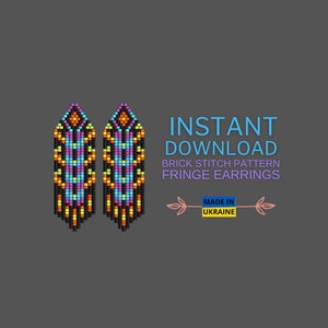 May include: A digital download pattern for beaded fringe earrings. The pattern features a geometric design with black, orange, yellow, blue, and pink beads. The text "INSTANT DOWNLOAD" and "BRICK STITCH PATTERN FRINGE EARRINGS" is displayed above the earrings. The text "MADE IN UKRAINE" is displayed below the earrings.