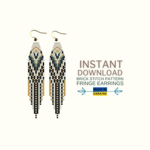 May include: A pair of long, beaded fringe earrings with a geometric pattern in black, white, gold, and blue. The earrings are made with brick stitch and have a gold hook closure. INSTANT DOWNLOAD BRICK STITCH PATTERN FRINGE EARRINGS MADE IN UKRAINE