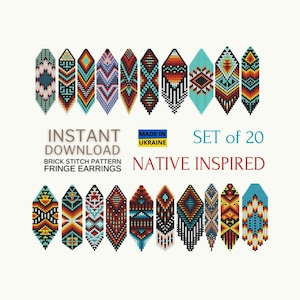 May include: Set of 20 Native American inspired brick stitch fringe earring patterns. The patterns are in various colours, including turquoise, red, black, white, and yellow. The patterns are available for instant download.