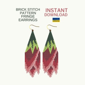 May include: Two beaded fringe earrings with a floral design. The earrings are made with a brick stitch pattern and feature a color palette of dark green, light green, red, and pink. The text on the image says "BRICK STITCH PATTERN FRINGE EARRINGS" and "INSTANT DOWNLOAD".
