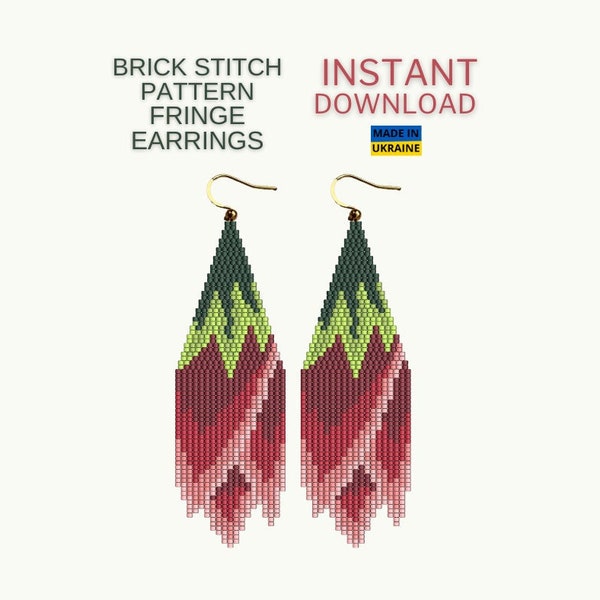 Brick Stitch Pattern Floral, Red Flower Seed Bead Earring Pattern, Unique Fringe Beading Pattern, Brickstitch Pattern, pdf Digital Download