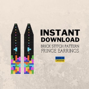 Brick Stitch Pattern, Tetris Earrings Pattern, Colorful Fringe Brickstitch Fun, Do it Yourself, Digital Download, Seed Bead Game Earrings