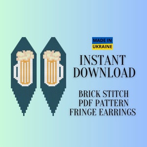 Brick Stitch Fringe Earring Pattern, Beer Mug Seed Bead Earring Pattern, Do It Yourself Digital Download, Glass Beer Cap Brickstitch Alcohol