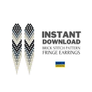 May include: A digital download pattern for brick stitch fringe earrings. The earrings are black, white, and gray with a geometric design. The pattern is made in Ukraine.