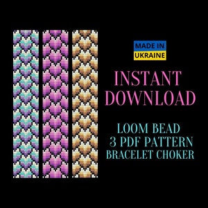 May include: Three loom bead bracelet patterns featuring hearts in shades of blue, purple, and gold. The patterns are labelled "INSTANT DOWNLOAD" and "LOOM BEAD 3 PDF PATTERN BRACELET CHOKER".