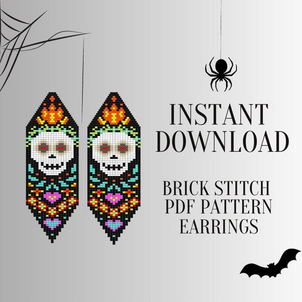 Brick Stitch Sugar Skull Earrings Pattern, Seed Bead Halloween Earring Pattern PDF, Do it Yourself, DIY Digital Download, Brickstitch Fringe