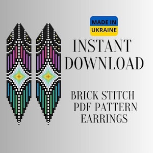 May include: A digital download pattern for beaded earrings. The pattern features a geometric design with colorful beads in shades of pink, blue, green, and yellow. The pattern is for brick stitch and is available as a PDF file. The text "Made in Ukraine" and "Instant Download" is also included in the image.