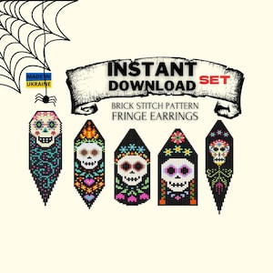 SET Brick Stitch Pattern Halloween, Sugar Skull Seed Bead Earring Pattern, Do it Yourself, DIY Digital Download, Brickstitch Skeleton Fringe