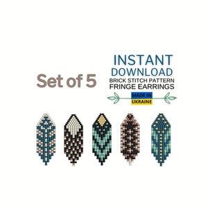Puede incluir: Conjunto de 5 diseños de pendientes de flecos con patrón de puntada de ladrillo. Cada diseño presenta una paleta de colores única, que incluye verde azulado, negro, marrón y crema. El texto dice "Descarga instantánea" y "Hecho en Ucrania".