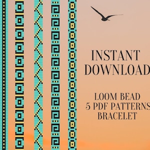 Loom Seed Bead Bracelet Pattern Set 5 PDF, Southwestern Loom Pattern, Do it Yourself DIY, Instant Digital Download, Turquoise Gold Boho Loom