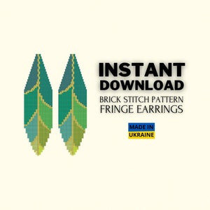 May include: A digital download pattern for brick stitch fringe earrings. The earrings are green, blue, and gold. The pattern is made in Ukraine. INSTANT DOWNLOAD BRICK STITCH PATTERN FRINGE EARRINGS MADE IN UKRAINE