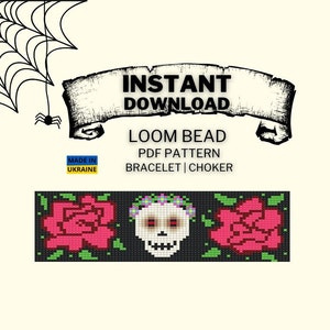 Mönster för fröpärlor i vävstol, Halloween-vävstolsmönster, gör-det-själv, direkt digital nedladdning i pdf-format, vävstolsmönster med sockerskalle, chokermönster i vävstol