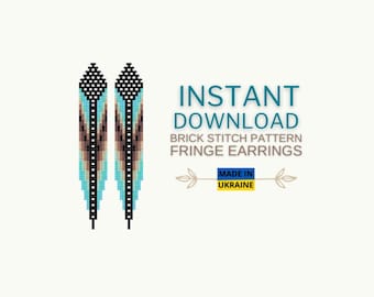 May include: A digital download graphic featuring two pixelated fringe earrings in a brick stitch pattern. The earrings have a black top, brown and turquoise center, and a fringe design. Text reads "INSTANT DOWNLOAD BRICK STITCH PATTERN FRINGE EARRINGS" and "MADE IN UKRAINE."