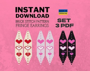 Brick Stitch Pattern Set, Heart Earrings, Love Seed Bead Earring Pattern Fringe, Valentines Earring Pattern, Do It Yourself Digital Download