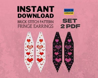 Brick Stitch Heart Earrings Pattern Set, Love Seed Bead Fringe Earring Pattern, Valentines Earring Pattern, Do It Yourself, Digital Download