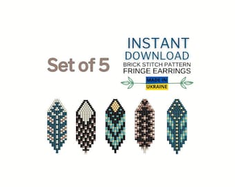 May include: Set of 5 brick stitch pattern fringe earring designs. Each earring design features a unique color palette, including teal, black, brown, and cream. The text reads "Instant Download" and "Made in Ukraine".